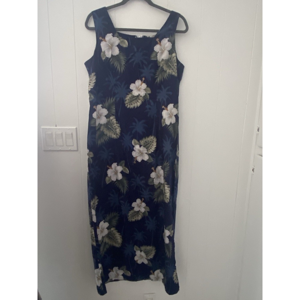 Vintage Y2K Pacific Legend Hawaiian Floral Maxi Dress Navy Blue Hibiscus (M)